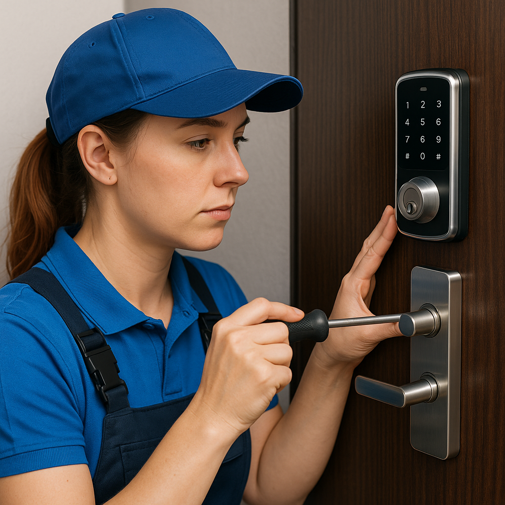 Locksmith working with lock and tools